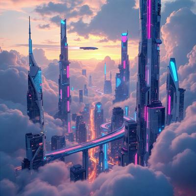 The primary subject of the image is a futuristic cityscape with tall buildings and a cloudy sky. The setting is a city with a large number of skyscrapers, and the visual style is digital art. The colors and mood of the image are predominantly pink and purple, giving it a vibrant and dreamy atmosphere.